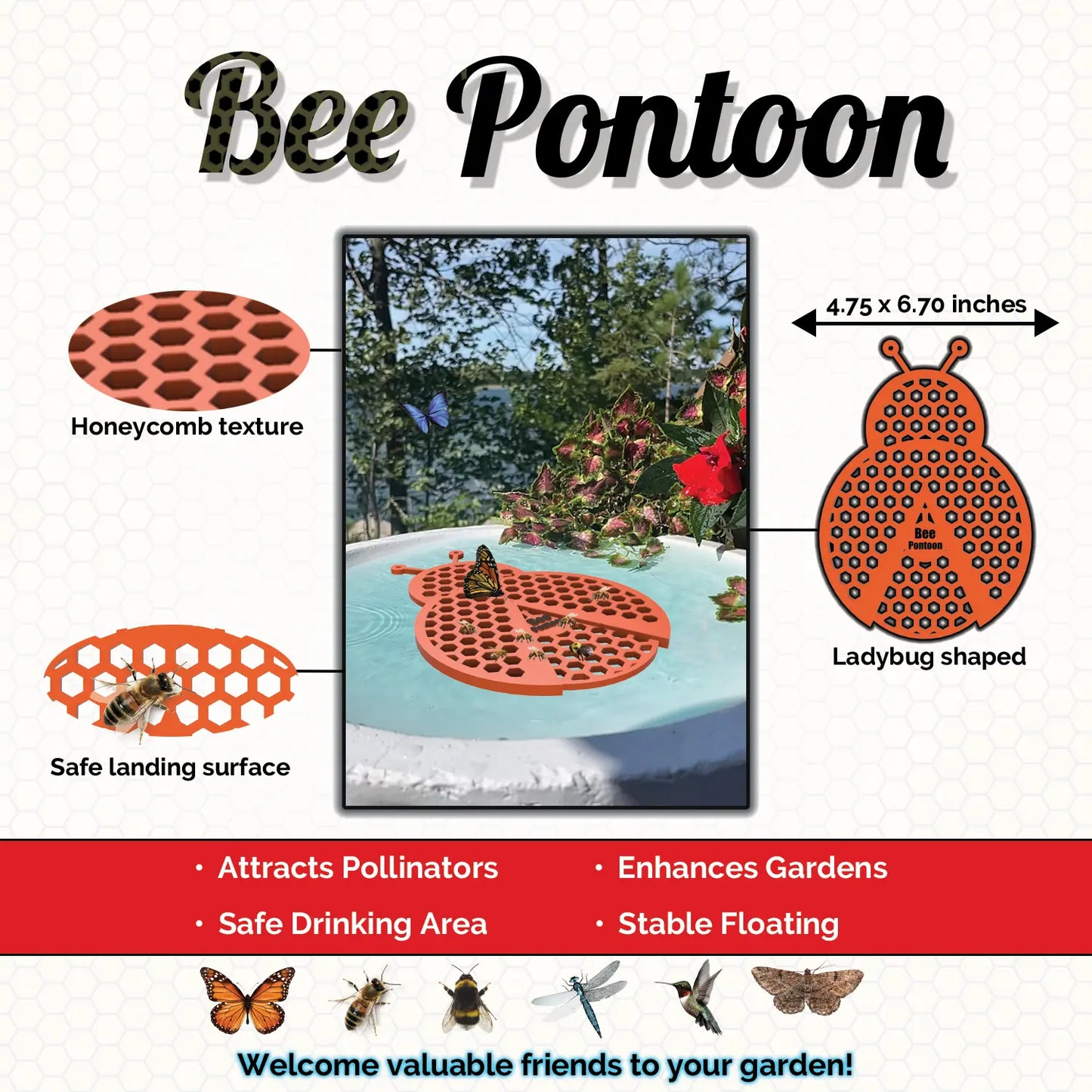 An orange Bee Pontoon product with honeycomb texture, ladybug shape, and text highlighting features.