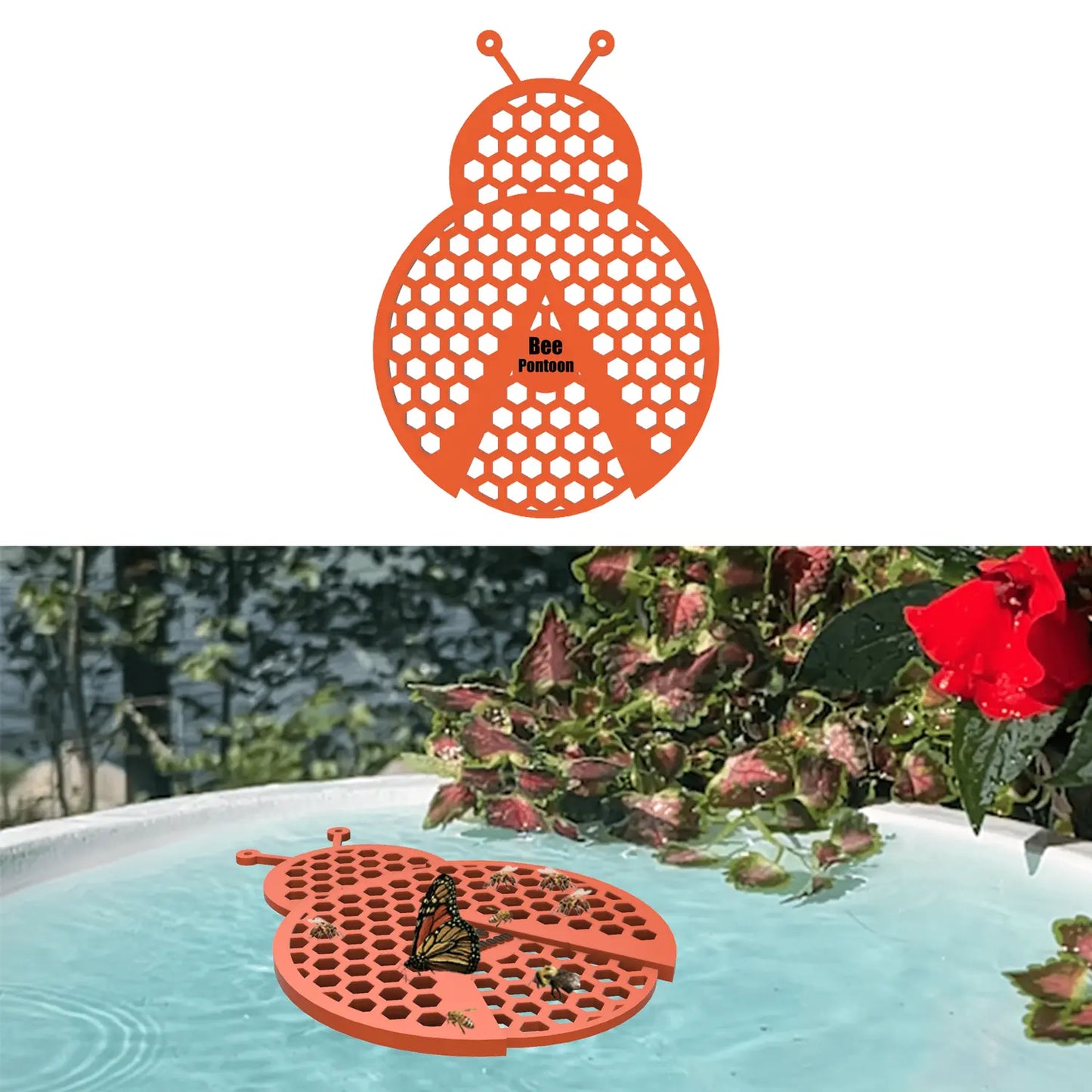 An orange ladybug-shaped bee pontoon with a real butterfly on the bee watering station edge.