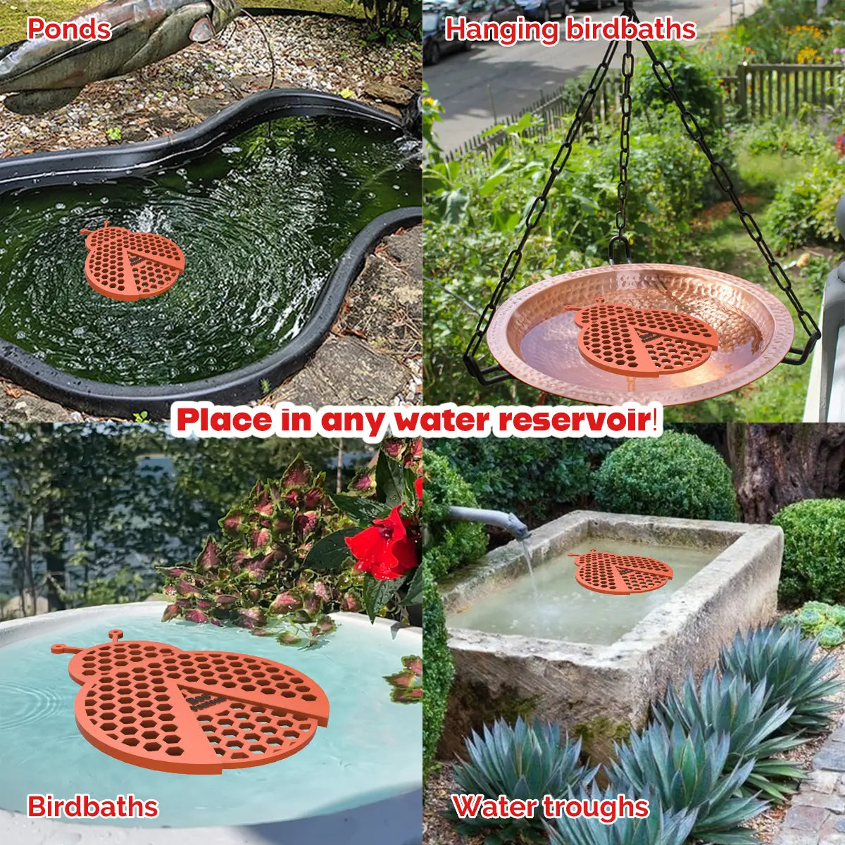 The artwork features a collage of various water reservoirs, each containing an orange ladybug-shaped bee watering station, along with text labels.