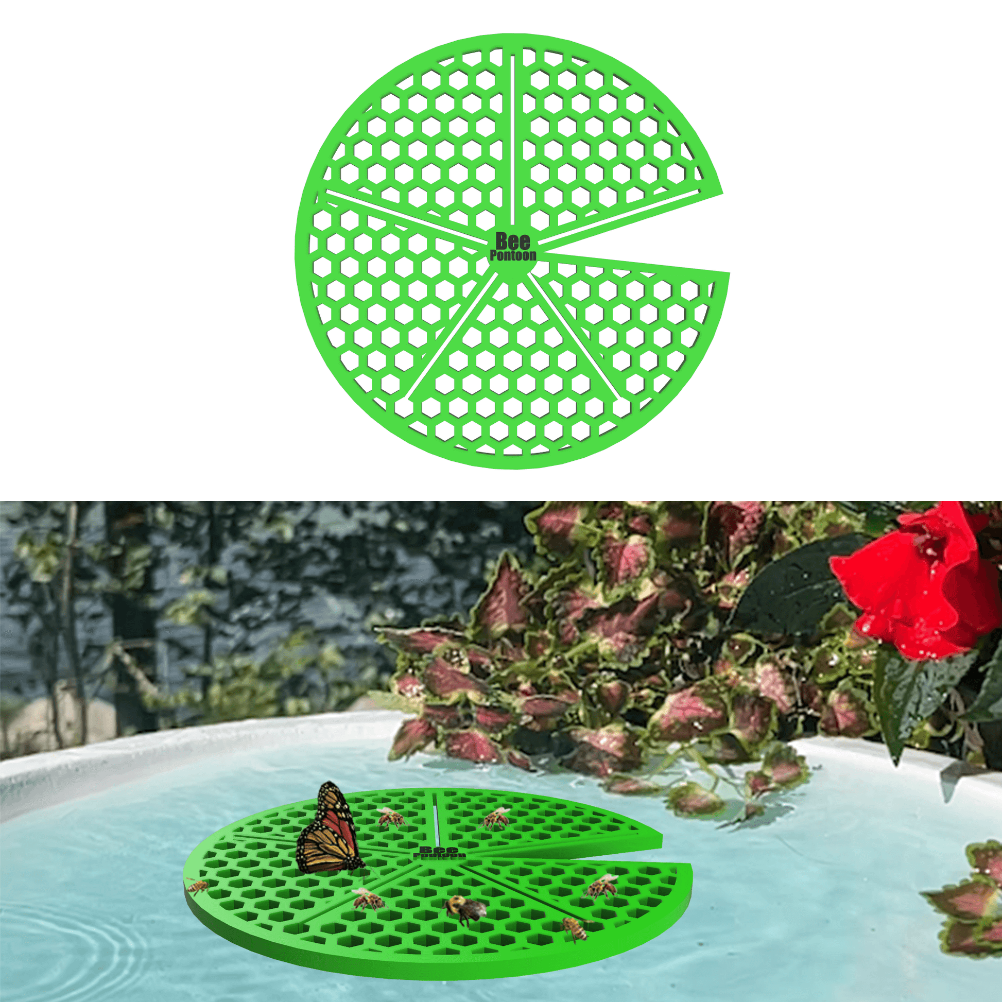 A green lily pad-shaped bee watering station (bee pontoon) in a birdbath against a flower background.