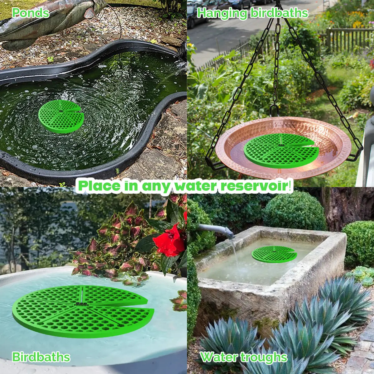 The artwork features a collage of various water reservoirs, each containing a green lilypad-shaped bee watering station, along with text labels.