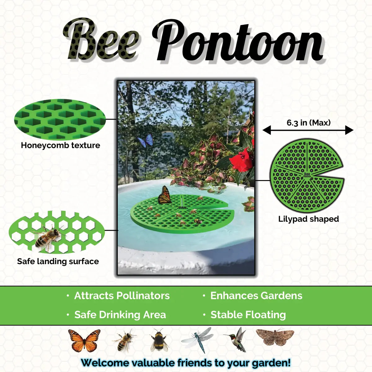 A green lilypad-shaped Bee Pontoon product with features and benefits on a white background