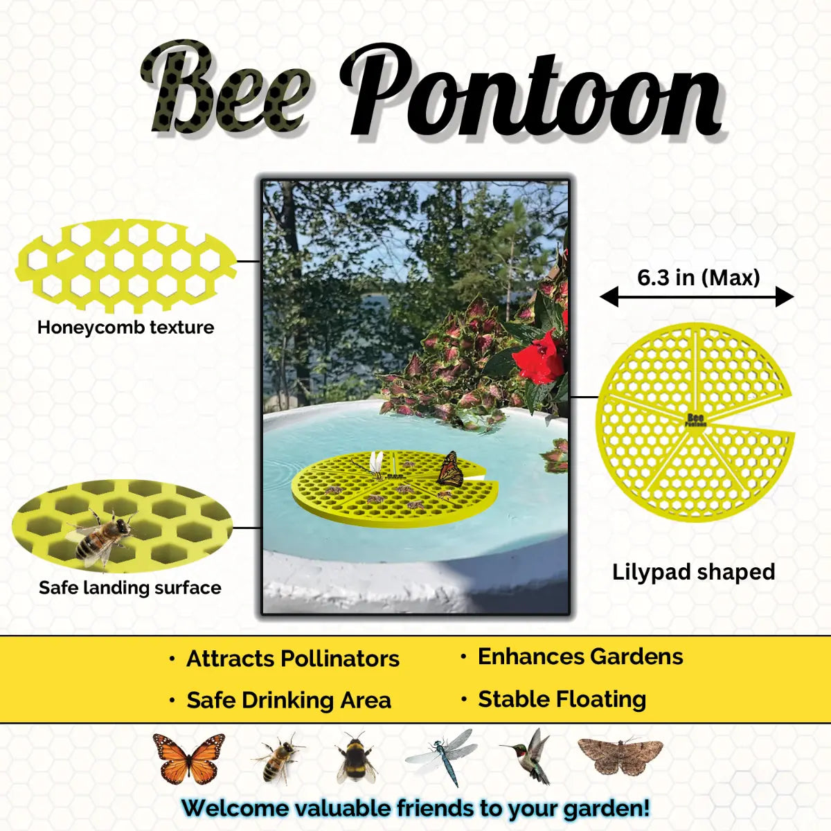 A yellow Bee Pontoon product with honeycomb texture, safe landing surface, and lilypad shape, featuring text and images of butterflies and flowers.