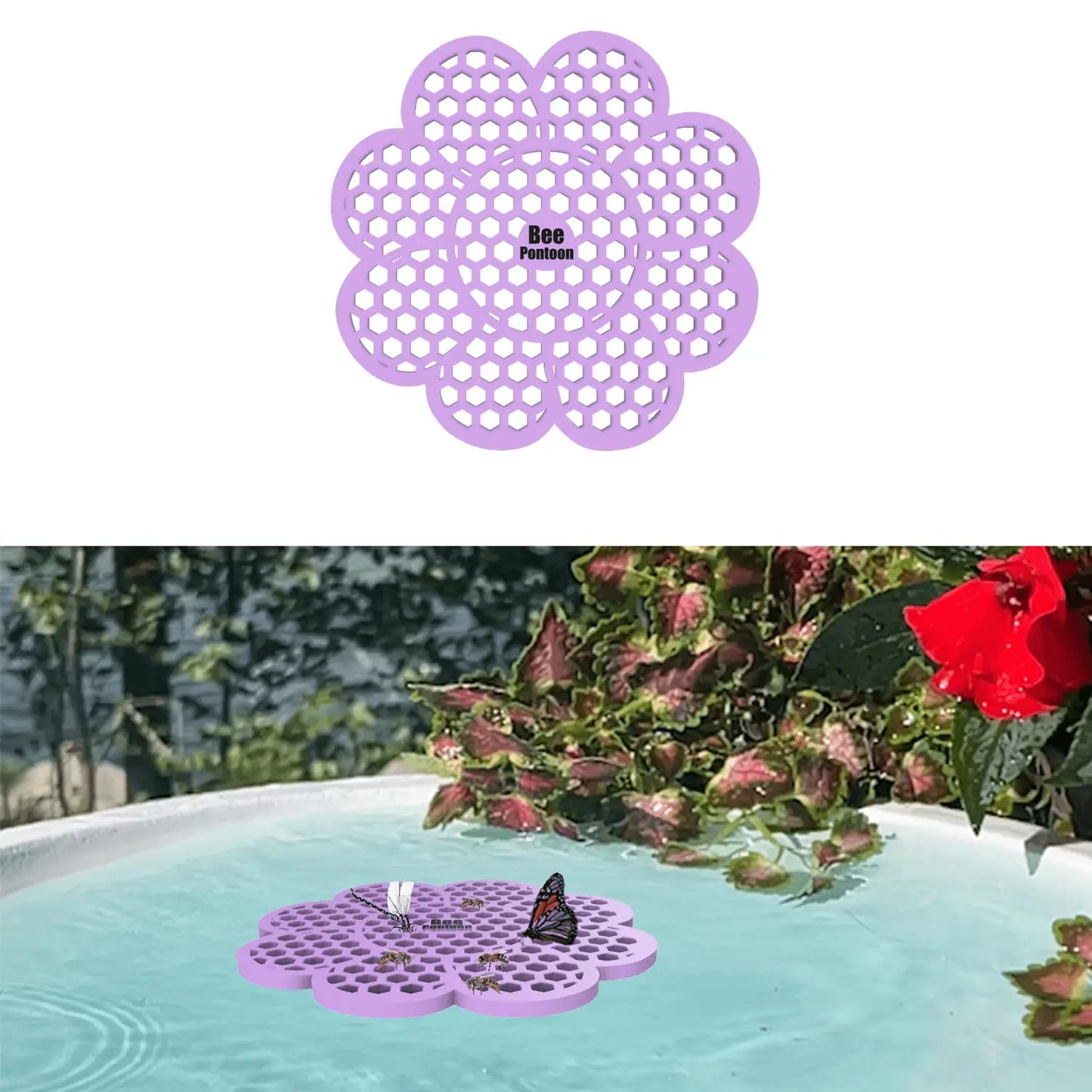 A purple flower-shaped bee pontoon with a real butterfly on the bee watering station edge.