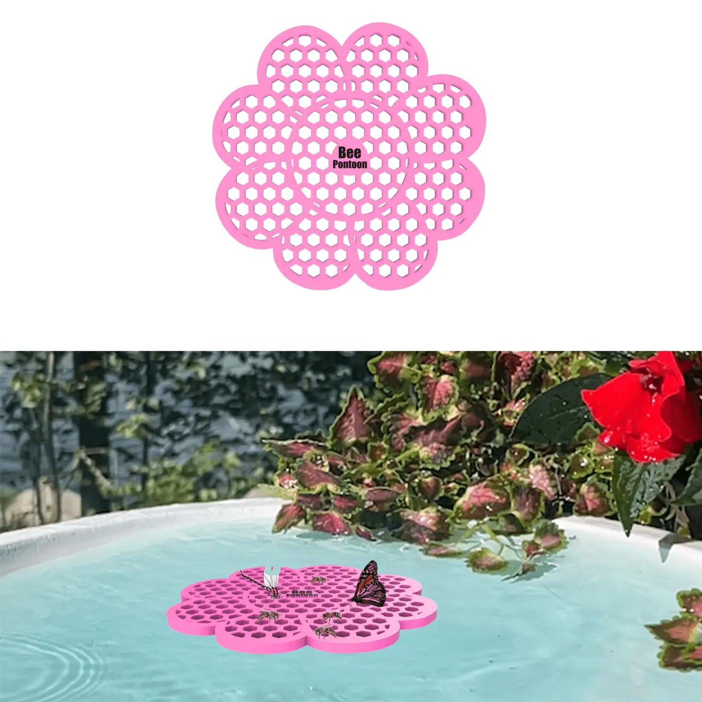 A pink flower-shaped bee pontoon with a real butterfly on the bee watering station edge.