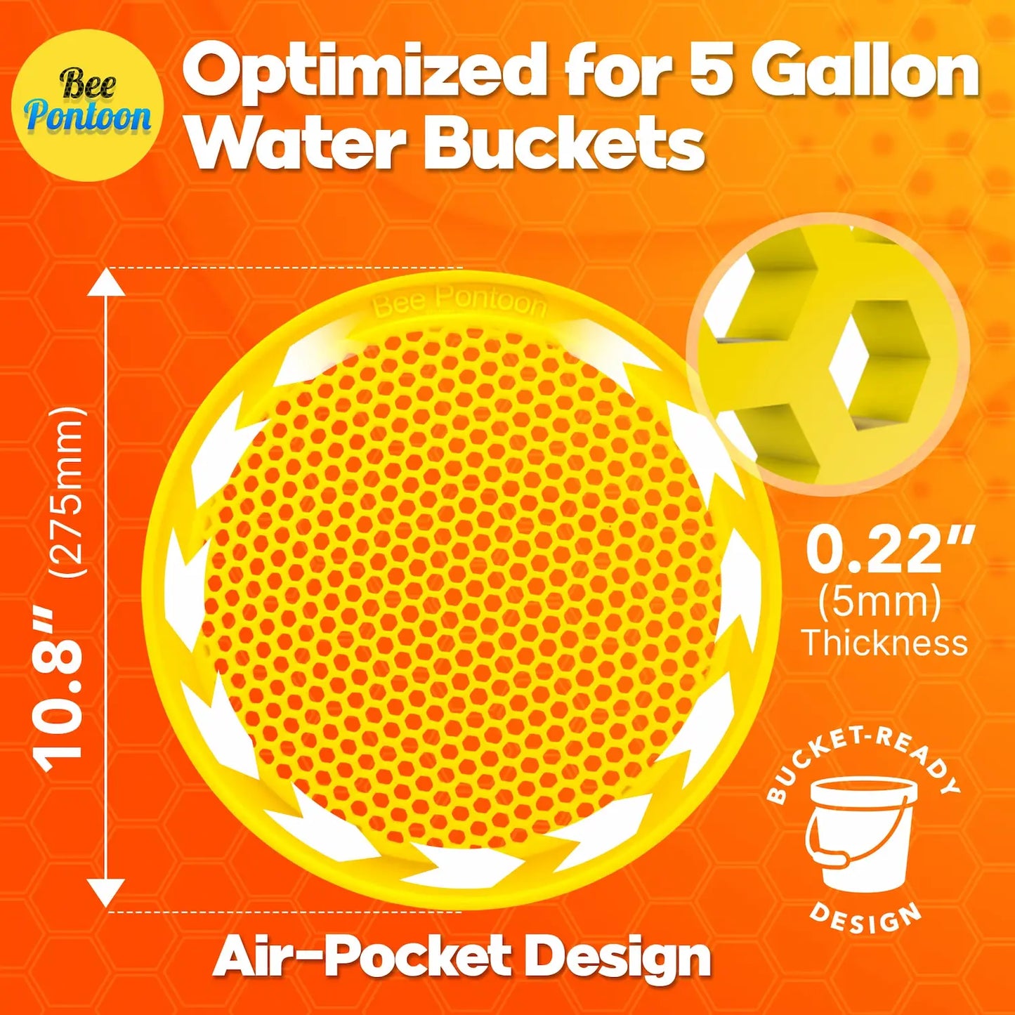 Yellow air-pocket bee watering station (bee pontoon) design optimized for 5-gallon water buckets with dimensions and thickness details on an orange background.