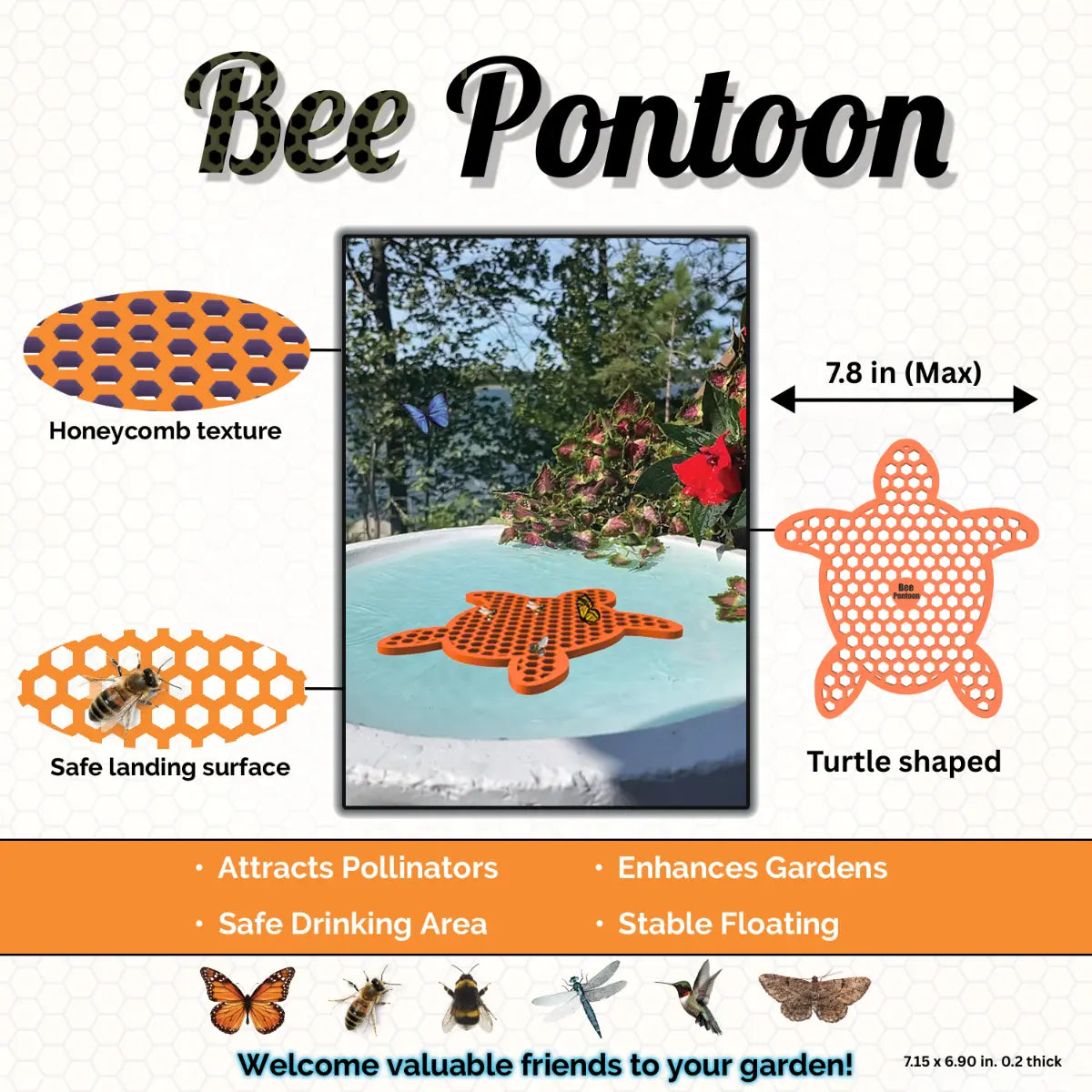 A orange turtle shaped Bee Pontoon product with features and benefits displayed on a white background