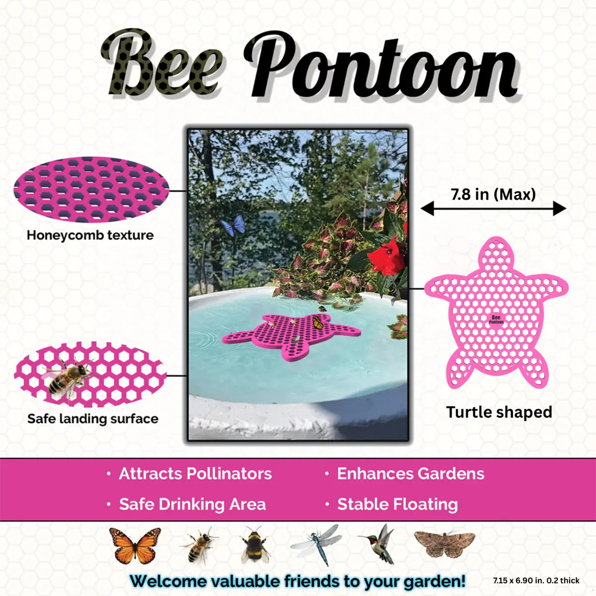 Pink turtle-shaped Bee Pontoon with features and benefits listed on a white background.