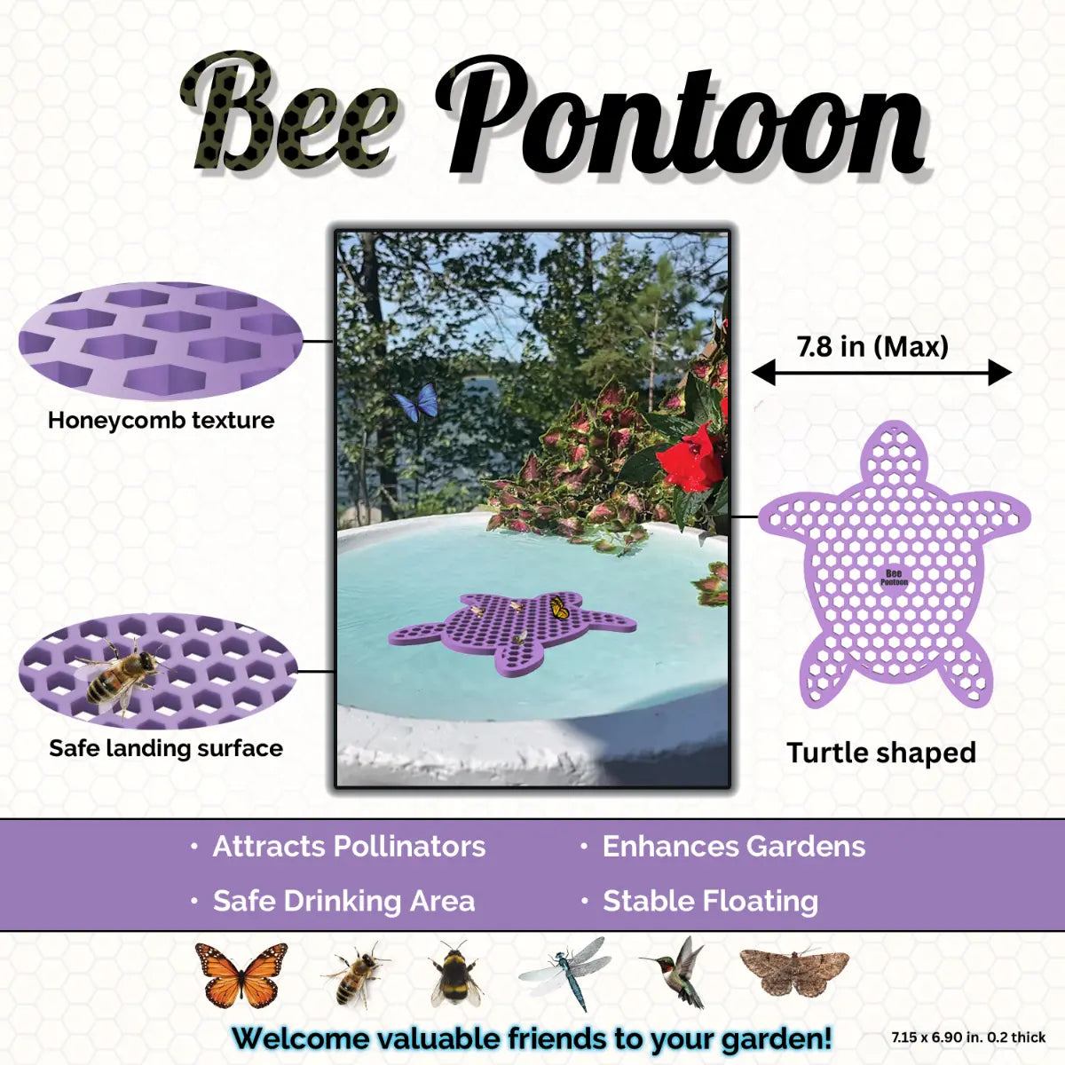 A purple turtle-shaped Bee Pontoon product with features and benefits on a white background