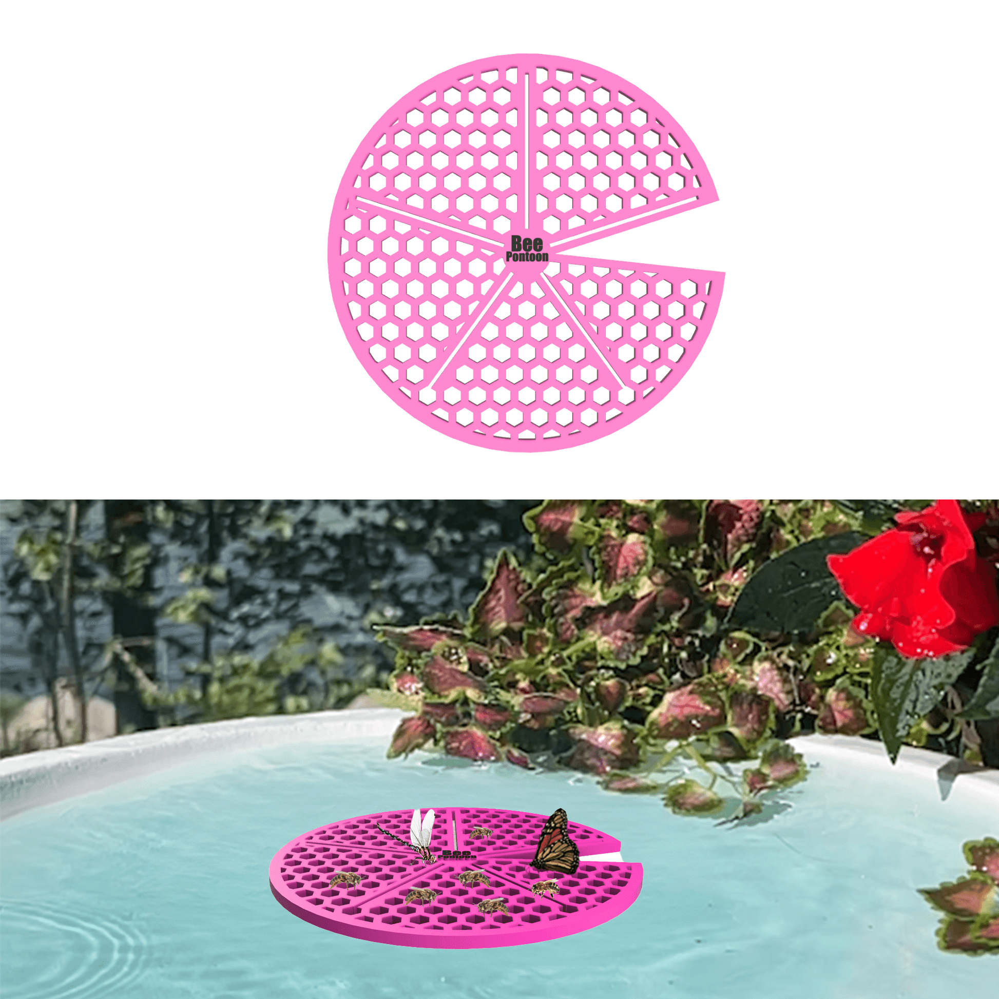 A pink lily pad-shaped bee watering station (bee pontoon) in a birdbath against a flower background.