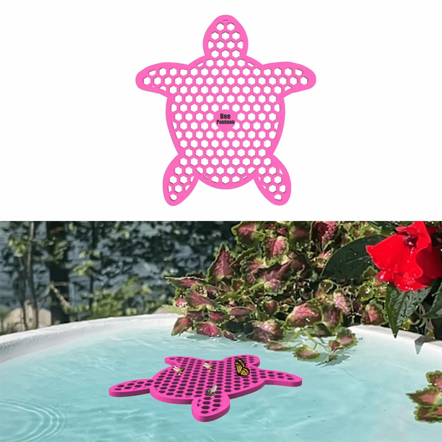 A pink turtle-shaped bee watering station (bee pontoon) in a birdbath against a flower background.