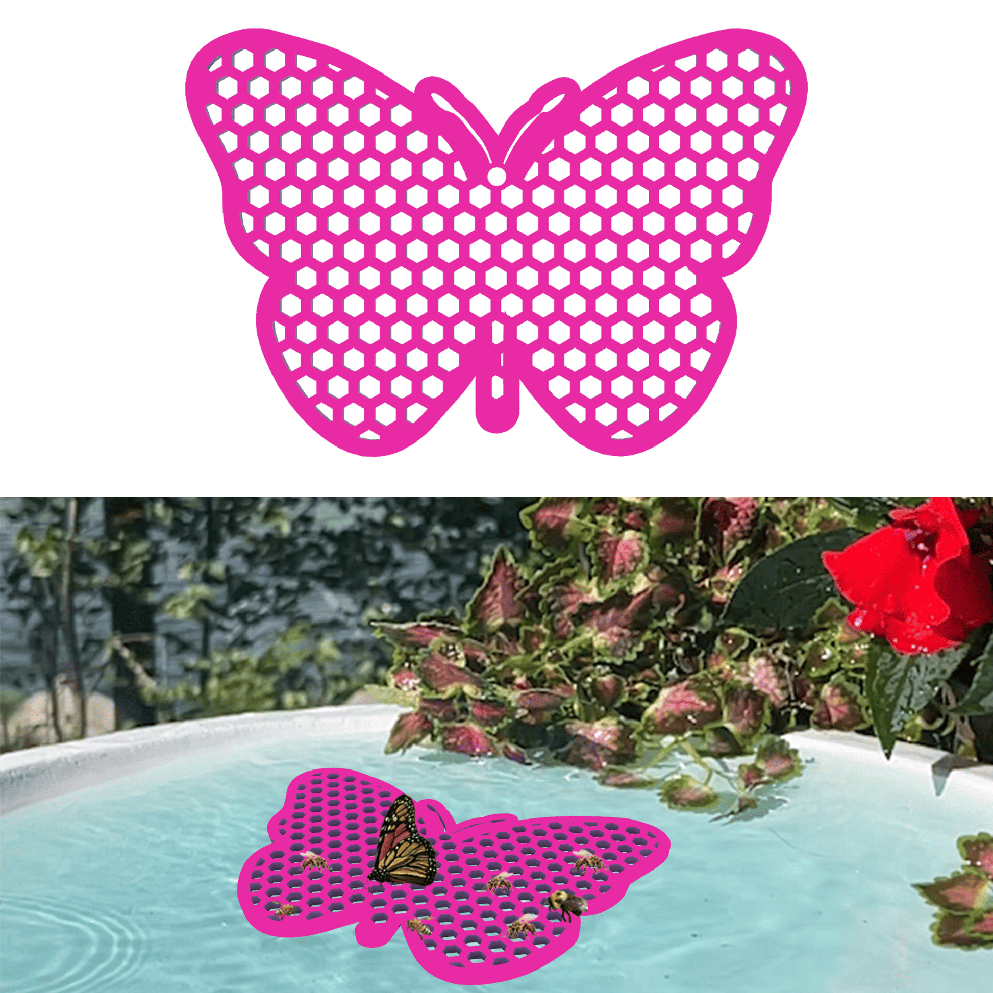 A pink butterfly-shaped bee watering station (bee pontoon) in a birdbath against a flower background.