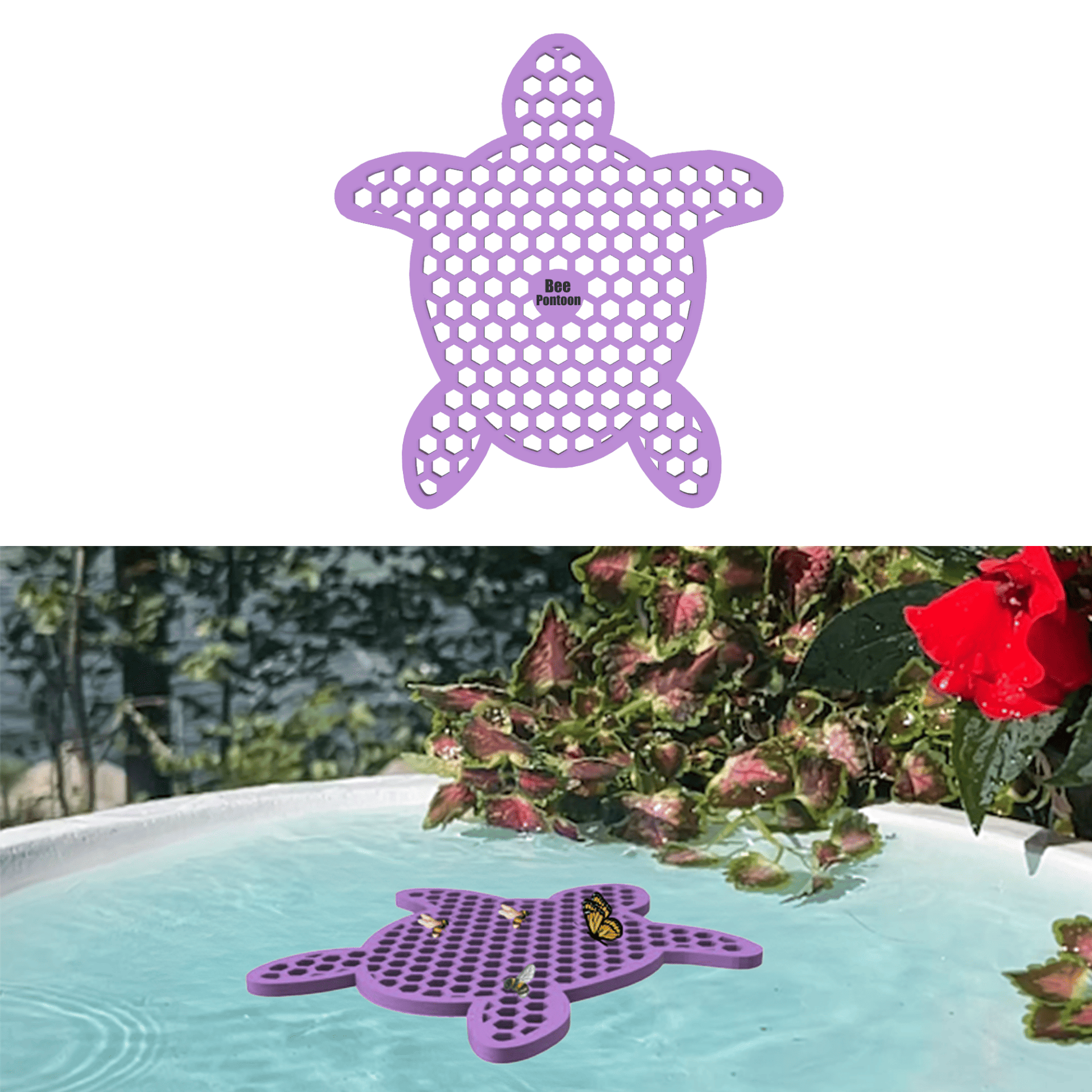 A purple turtle-shaped bee watering station (bee pontoon) in a birdbath against a flower background.