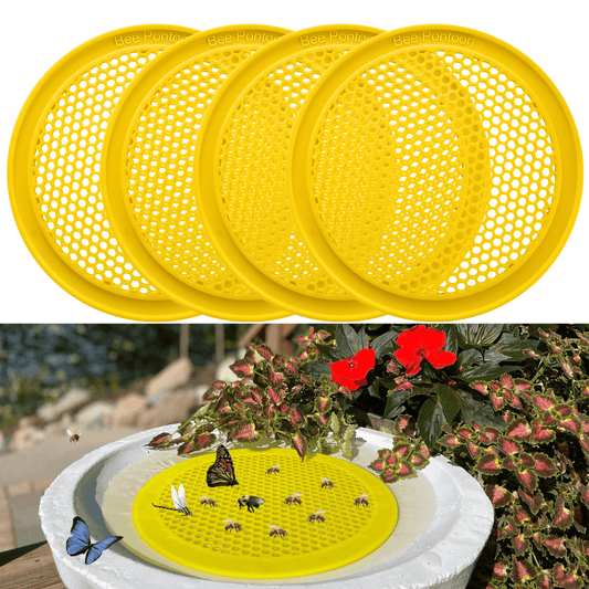 Four yellow round plastic bee watering stations with honeycomb pattern on a white and flowers background