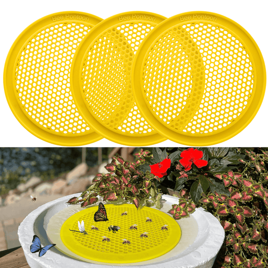 Two yellow round plastic bee watering stations with honeycomb pattern on a white and flowers background