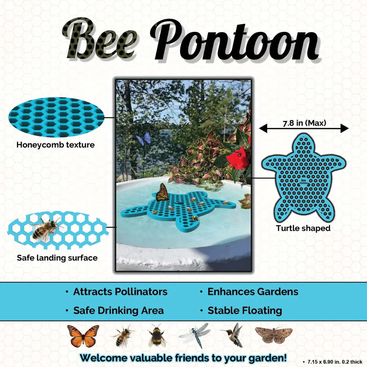 A blue tutrtle-shaped Bee Pontoon product with features and benefits on a white background
