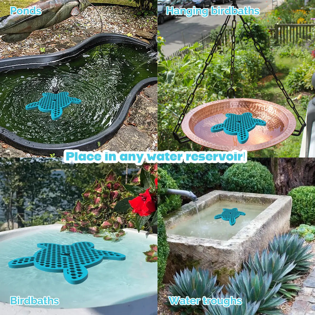 The artwork features a collage of various water reservoirs, each containing a blue turtle-shaped bee watering station, along with text labels.