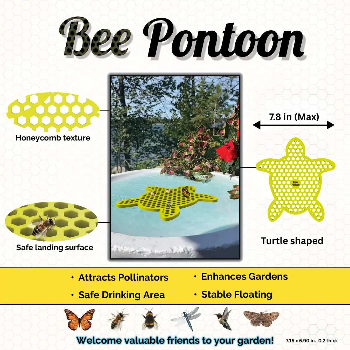 A yellow Bee Pontoon product with honeycomb texture, safe landing surface, turtle shape, and features listed on a white background.