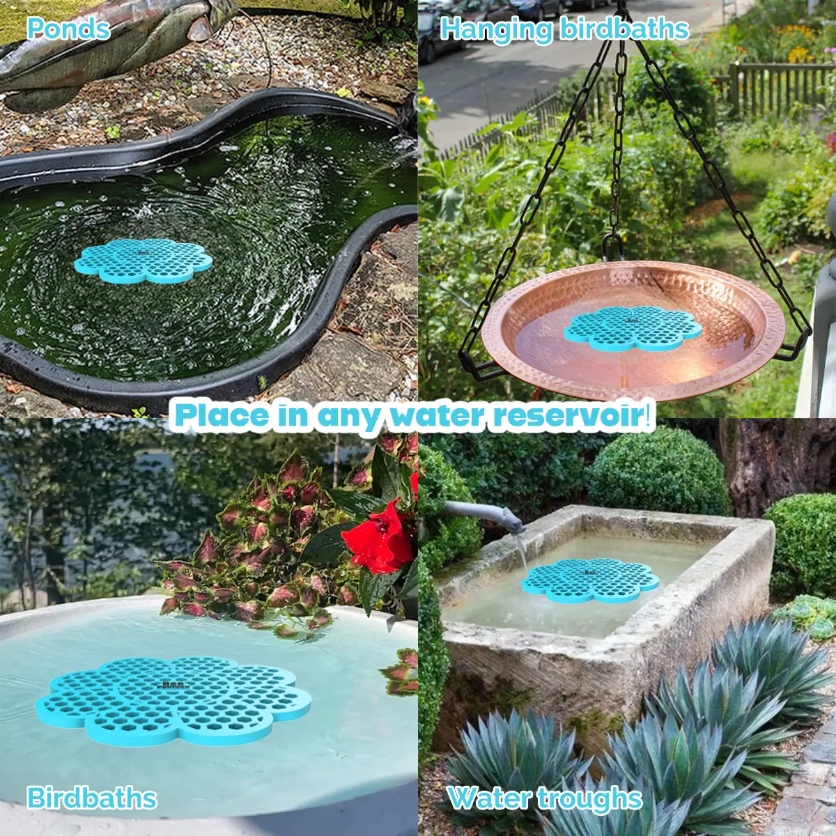 The artwork features a collage of various water reservoirs, each containing a blue flower-shaped bee watering station, along with text labels.