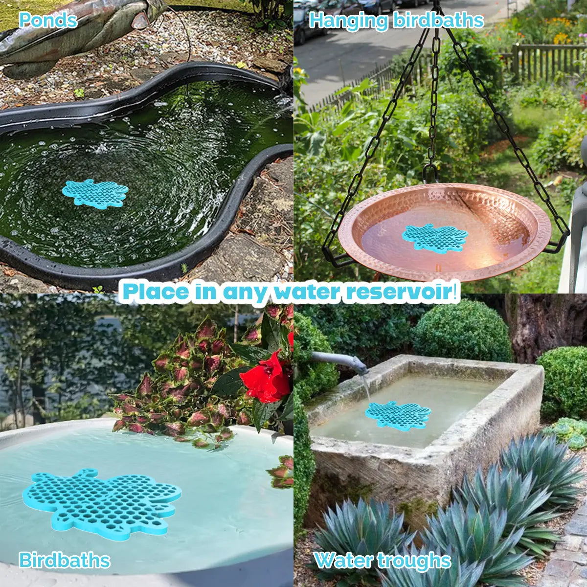 The artwork features a collage of various water reservoirs, each containing a blue honeybee-shaped bee watering station, along with text labels.