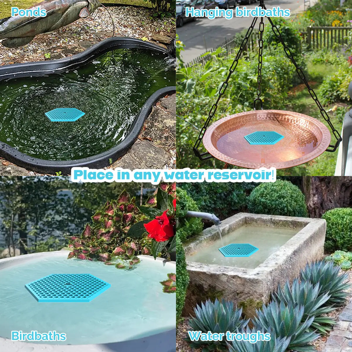 The artwork features a collage of various water reservoirs, each containing a blue honeycomb-shaped bee watering station, along with text labels.