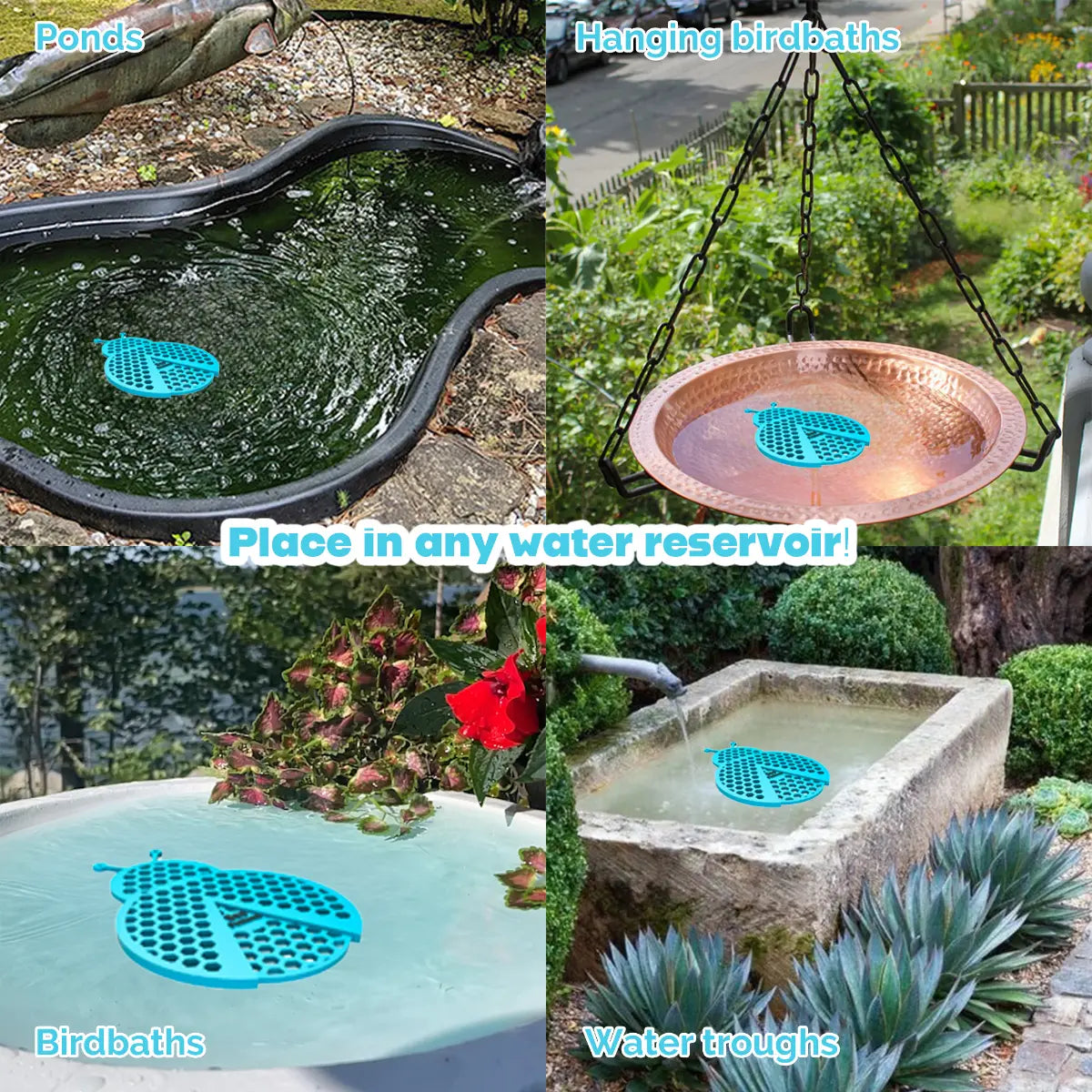 The artwork features a collage of various water reservoirs, each containing a blue ladybug-shaped bee watering station, along with text labels.