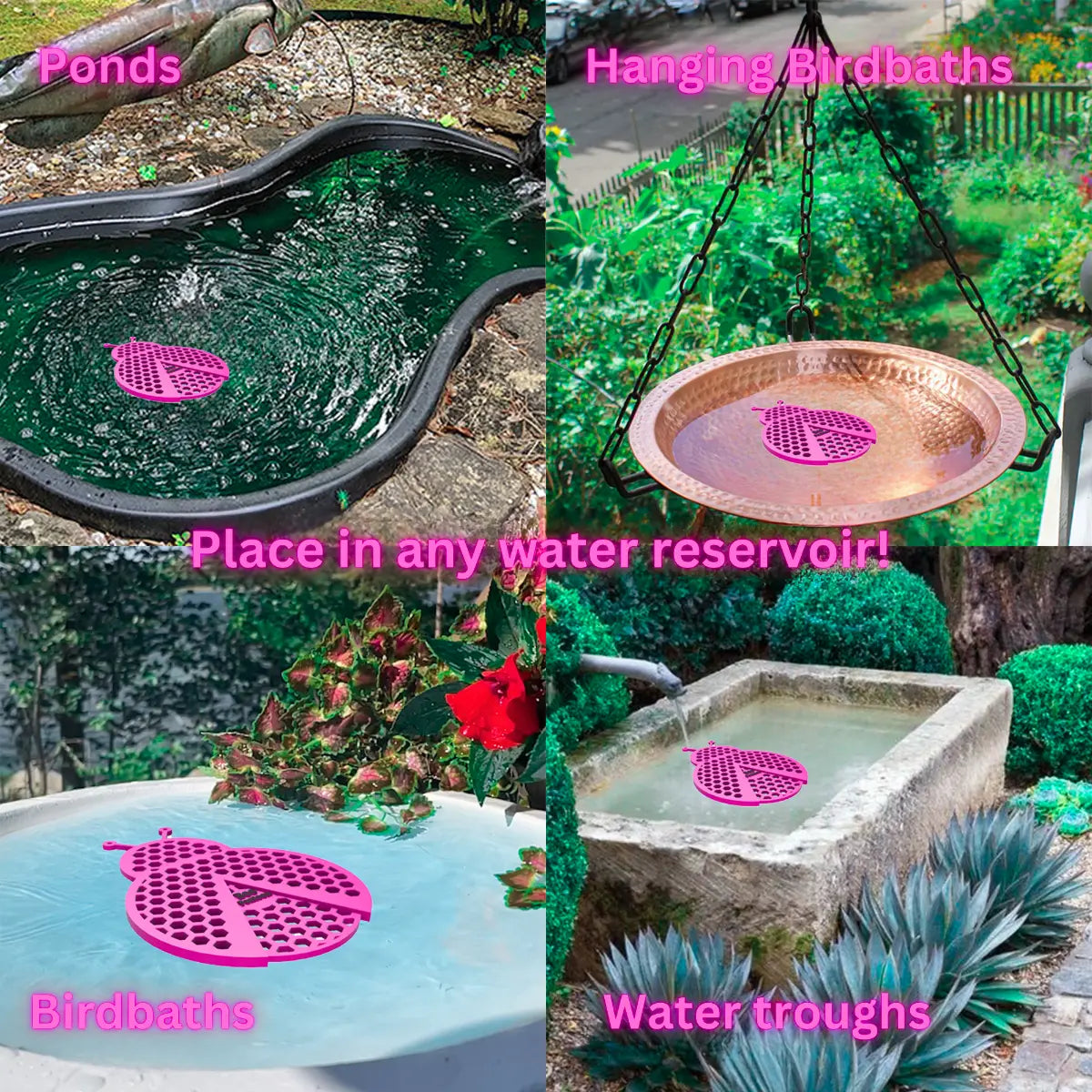 The artwork features a collage of various water reservoirs, each containing a pink ladybug-shaped bee watering station, along with text labels.