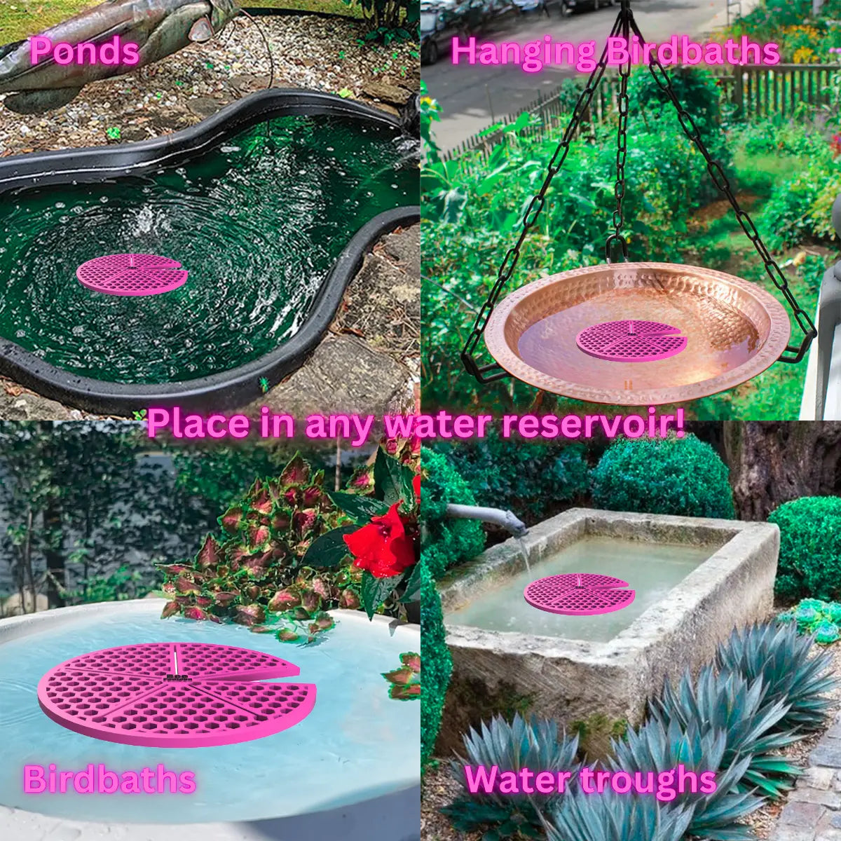 The artwork features a collage of various water reservoirs, each containing a pink lilypad-shaped bee watering station, along with text labels.