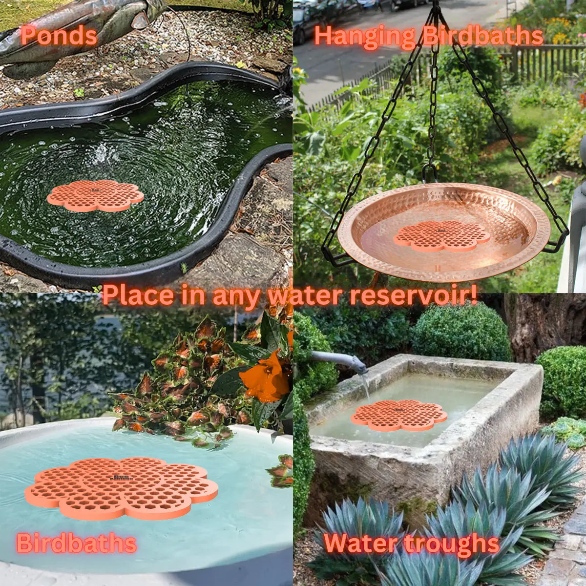 The artwork features a collage of various water reservoirs, each containing an orange flower-shaped bee watering station, along with text labels.