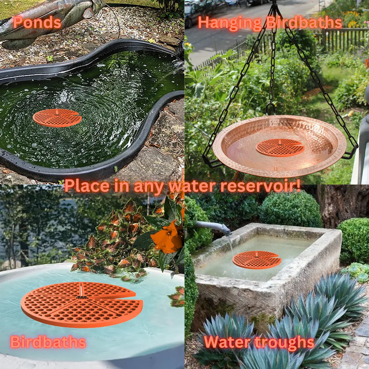 The artwork features a collage of various water reservoirs, each containing an orange lilypad-shaped bee watering station, along with text labels.
