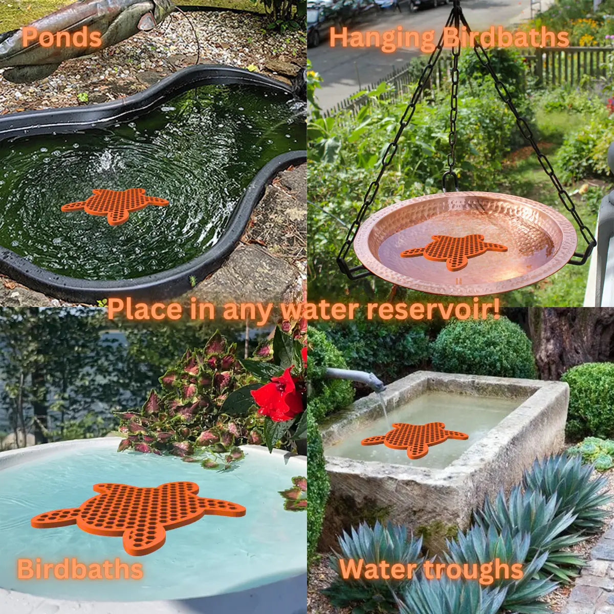 The artwork features a collage of various water reservoirs, each containing an orange turtle-shaped bee watering station, along with text labels.
