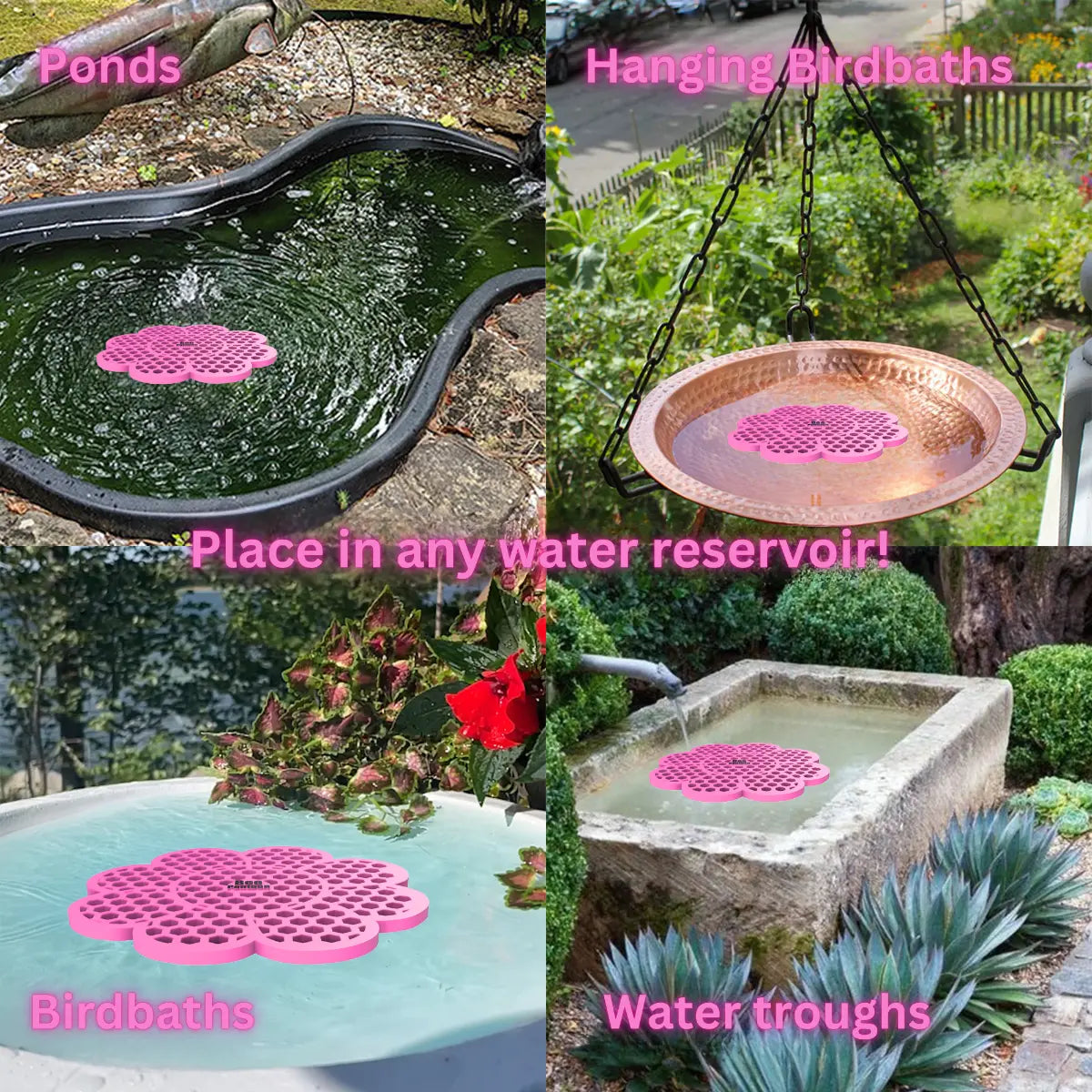 The artwork features a collage of various water reservoirs, each containing a pink flower-shaped bee watering station, along with text labels.