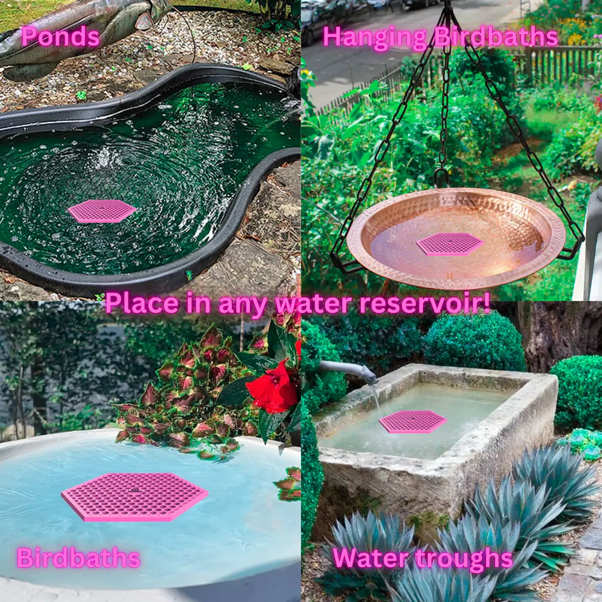 The artwork features a collage of various water reservoirs, each containing a pink honeycomb-shaped bee watering station, along with text labels.