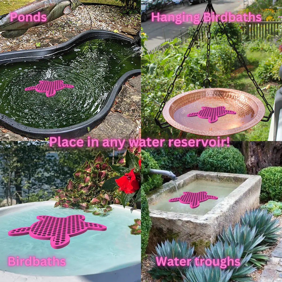 The artwork features a collage of various water reservoirs, each containing a pink turtle-shaped bee watering station, along with text labels.