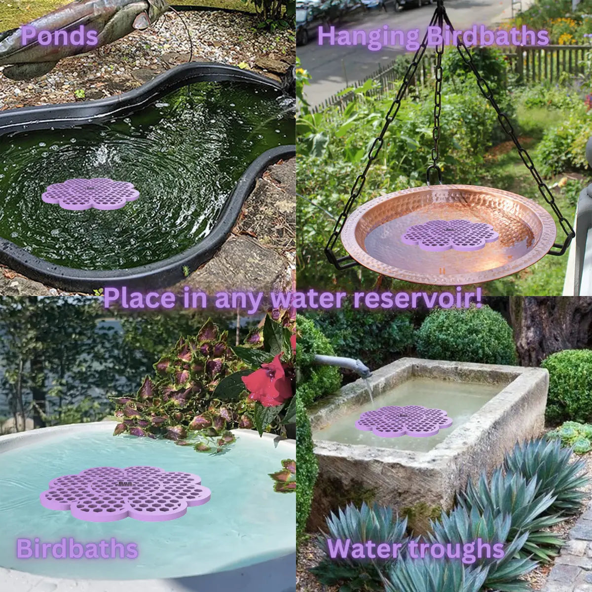 The artwork features a collage of various water reservoirs, each containing a purple flower-shaped bee watering station, along with text labels.