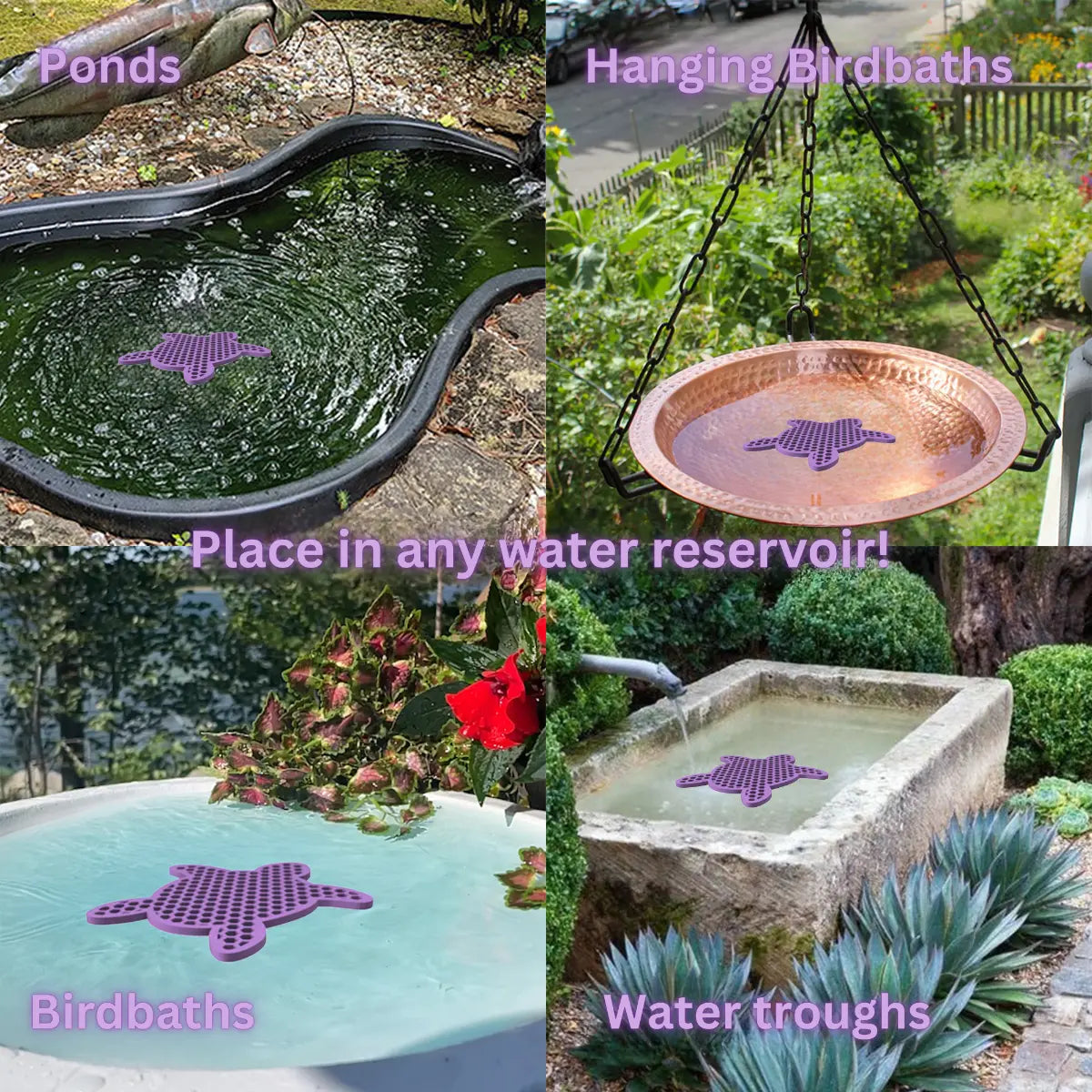 The artwork features a collage of various water reservoirs, each containing a purple turtle-shaped bee watering station, along with text labels.