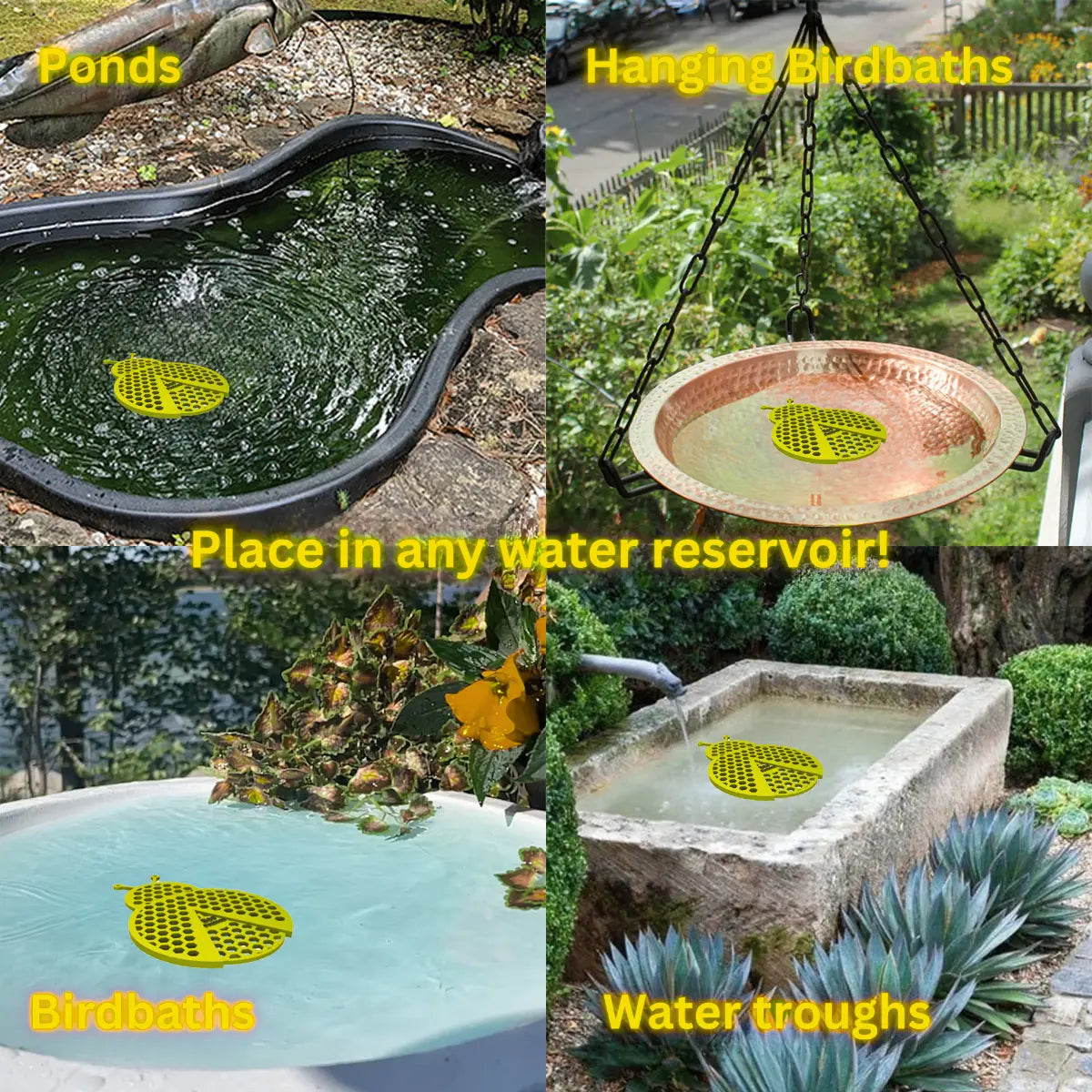 The artwork features a collage of various water reservoirs, each containing a yellow turtle-shaped bee watering station, along with text labels.