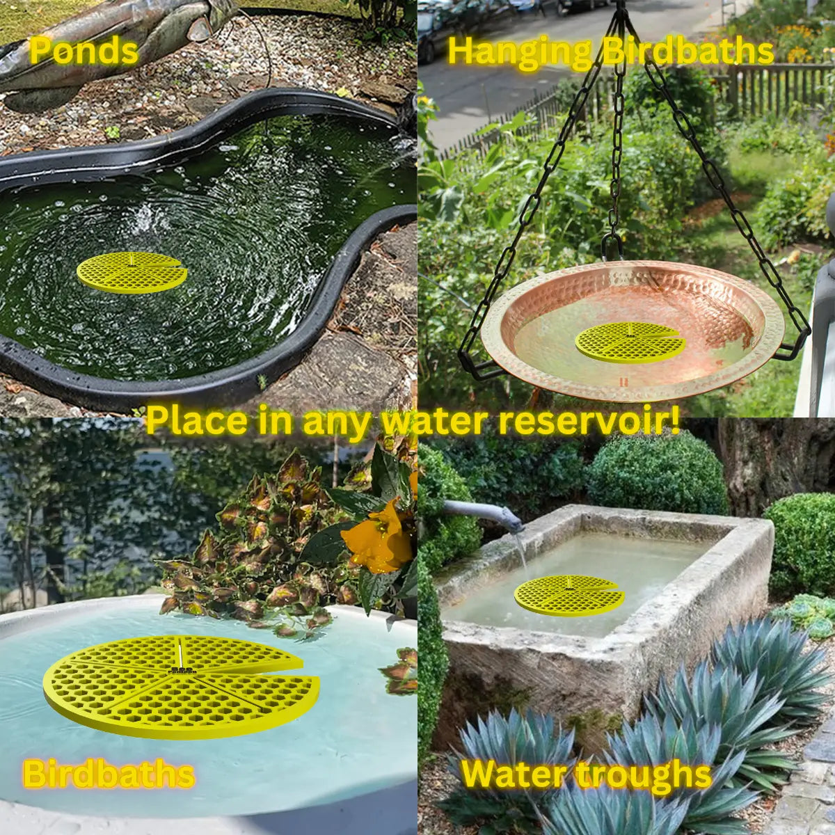 The artwork features a collage of various water reservoirs, each containing a yellow lilypad-shaped bee watering station, along with text labels.