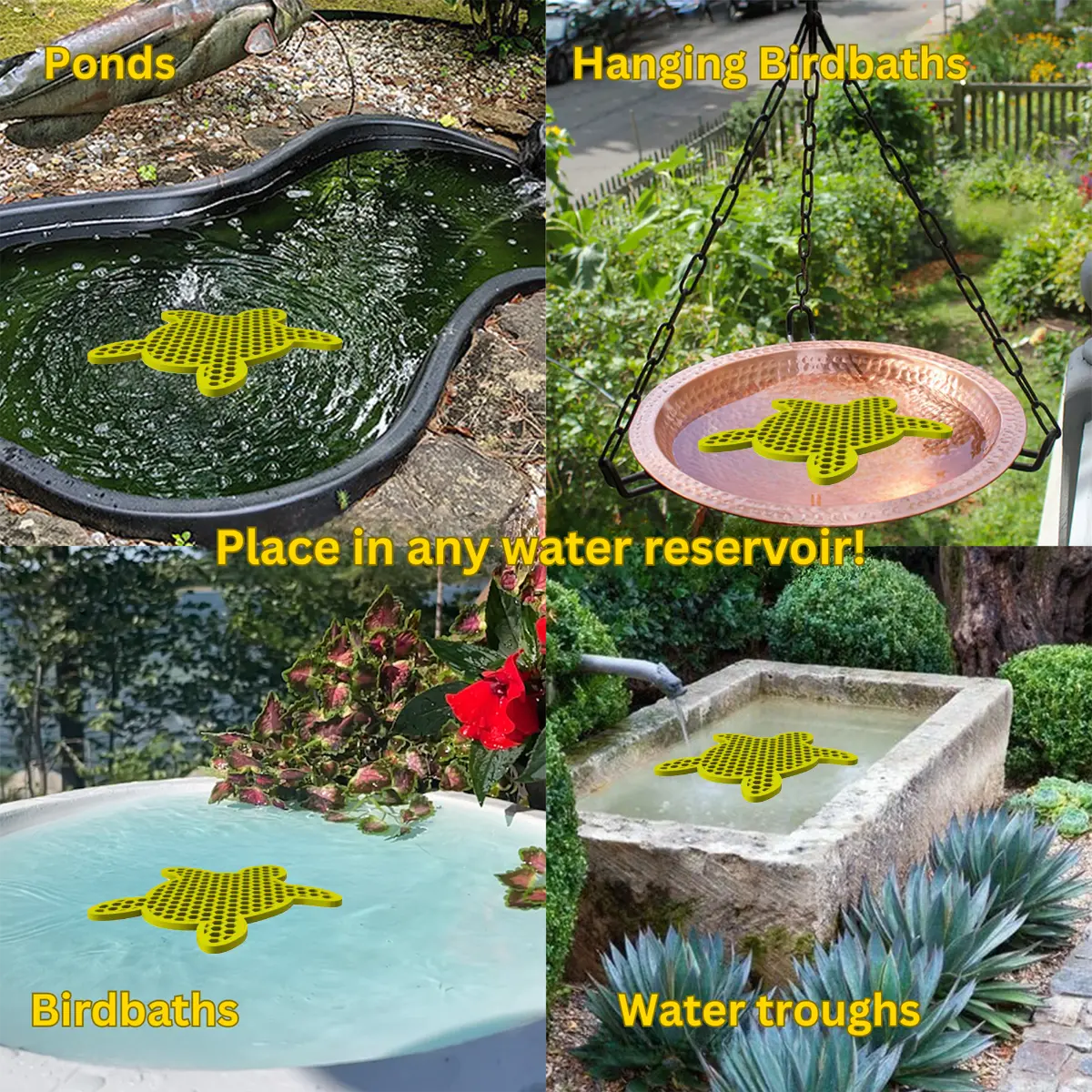 The artwork features a collage of various water reservoirs, each containing a yellow turtle-shaped bee watering station, along with text labels.