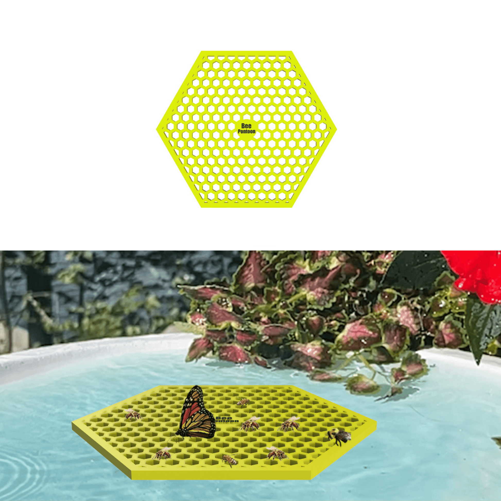 Yellow hexagonal bee watering station (bee pontoon) with holes on a white background, followed by its use in a birdbath with plants and flowers.
