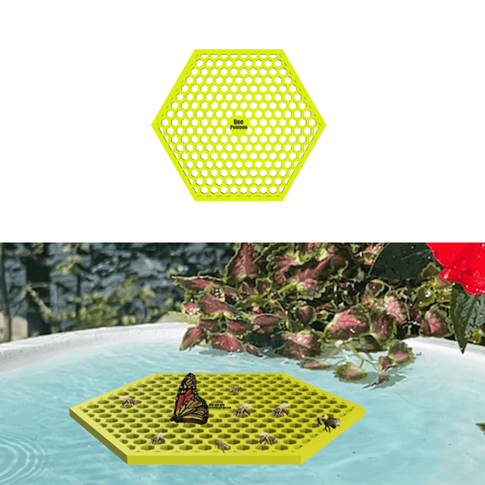 Yellow hexagonal bee watering station (bee pontoon) with holes on a white background, followed by its use in a birdbath with plants and flowers.