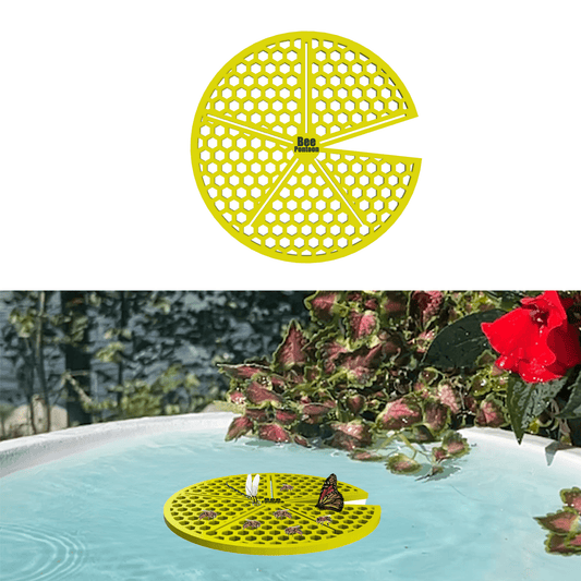 A yellow lily pad-shaped bee watering station (bee pontoon) in a birdbath against a flower background.