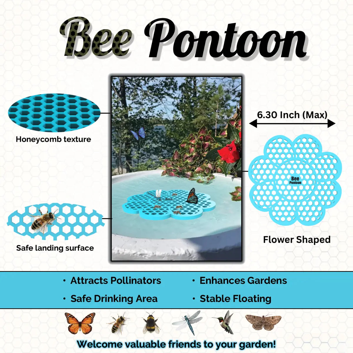 A blue flower-shaped Bee Pontoon product with features and benefits on a white background