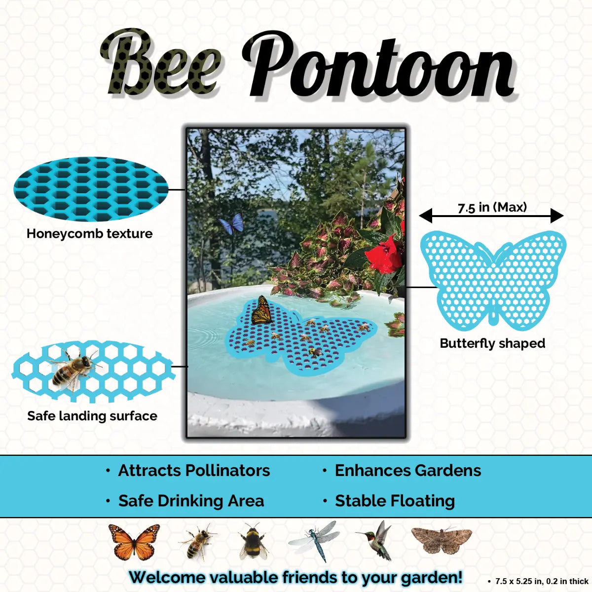 A blue butterfly shaped Bee Pontoon product with features and benefits highlighted on a white background