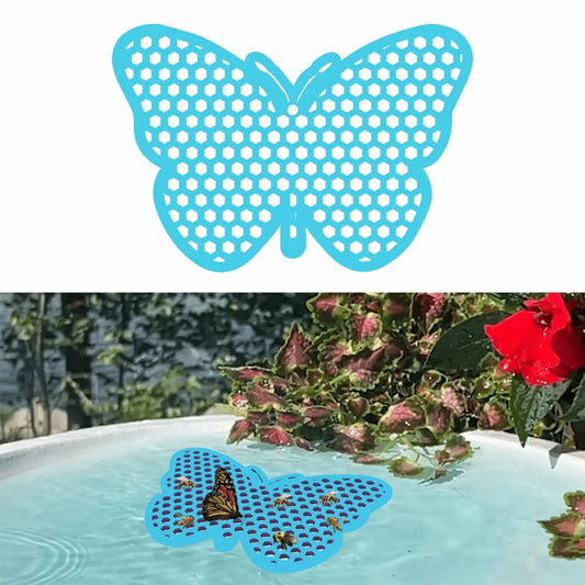 A blue butterfly-shaped bee pontoon with a real butterfly on the bee watering station edge.