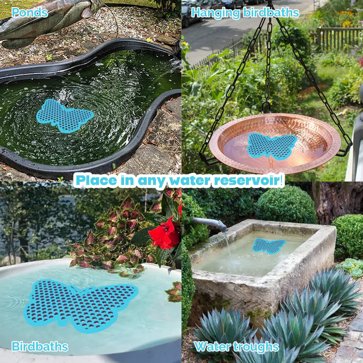 The artwork features a collage of various water reservoirs, each containing a blue butterfly-shaped bee watering station, along with text labels.