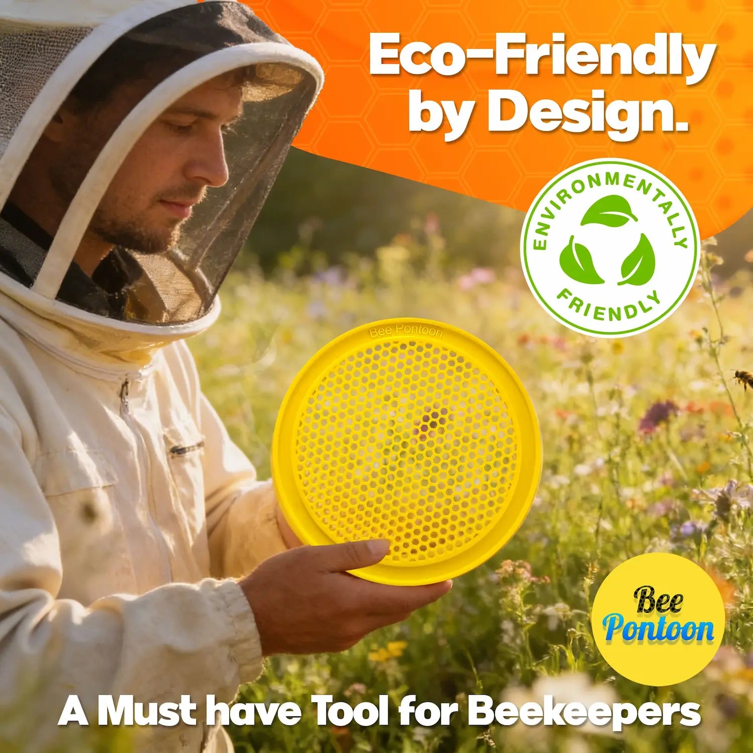 A man in a beekeeping suit is holding a yellow bee watering station with 'Bee Ponloon' branding in a field. The text "Eco-Friendly by Design.