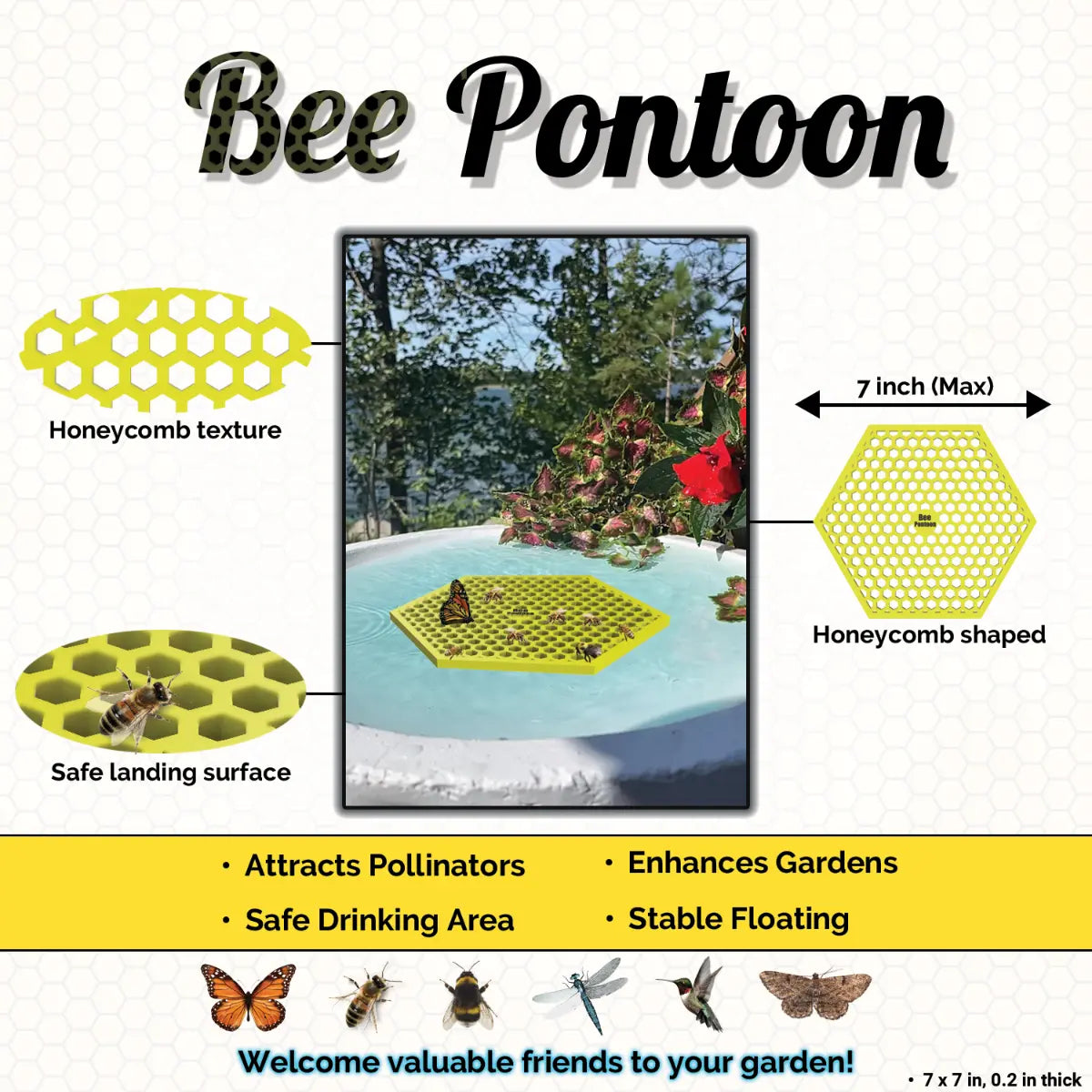 An yellow honeycomb Bee Pontoon product with honeycomb texture, safe landing surface, and features listed on a white background.