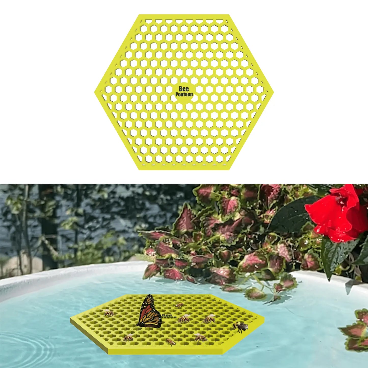 Yellow honeycomb-shaped bee pontoon with a real butterfly on the bee watering station edge.
