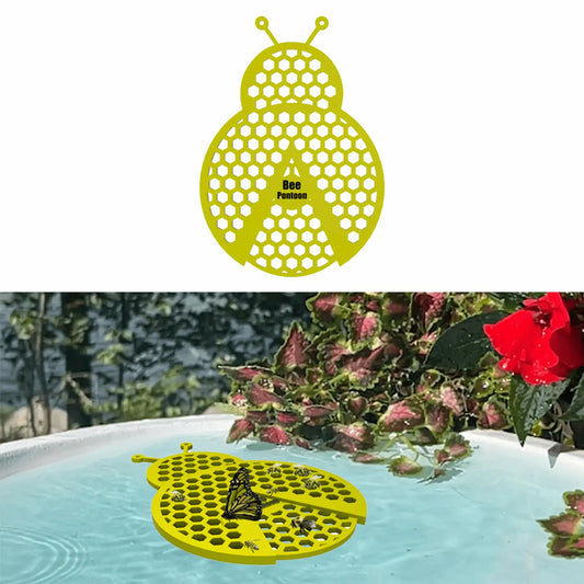 A yellow ladybug-shaped bee watering station (bee pontoon) in a birdbath against a flower background.